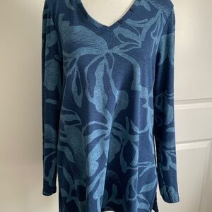 Chico’s Tunic Top Abstract Print In Blues, Size 1, (8-10 Medium) Long Sleeves